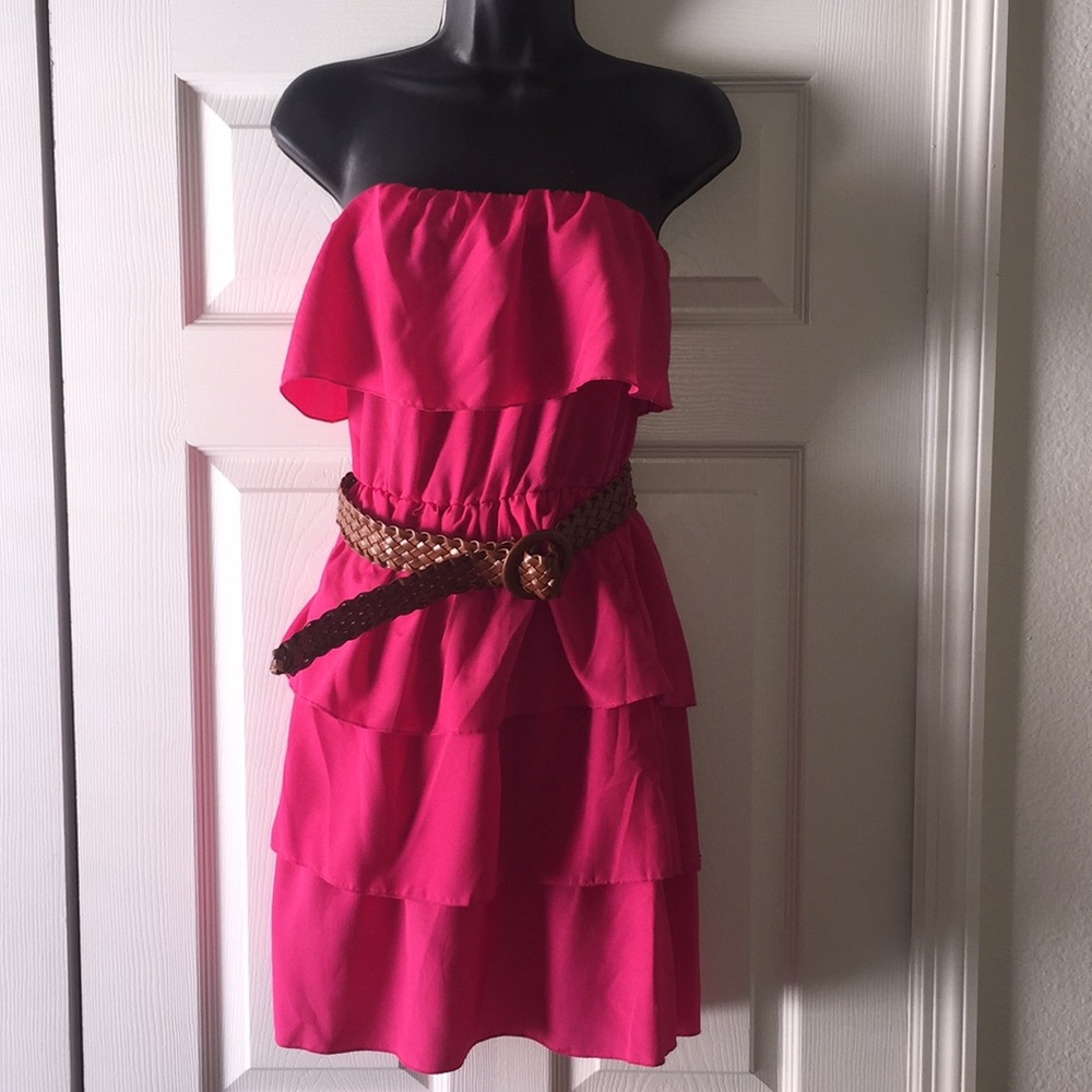 Pink layered dress with woven belt